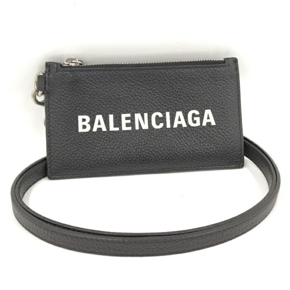 Balenciaga Leather Coin Case Card Case with Strap Black